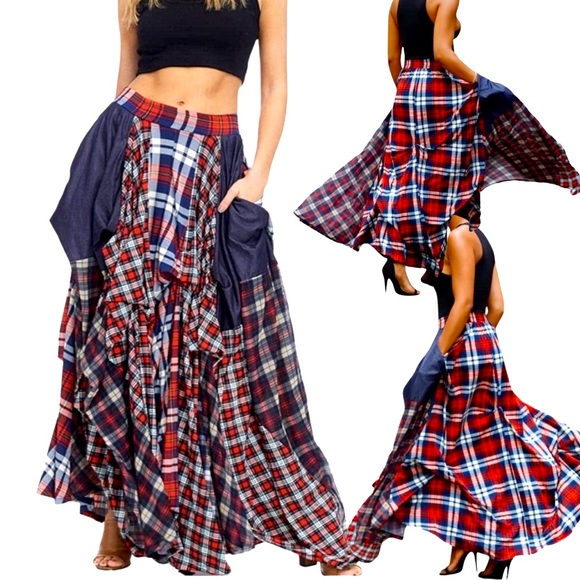 T Dresses & Skirts - Red, White and Blue Denim Check Mate Plaid & Pattern Maxi Skirt